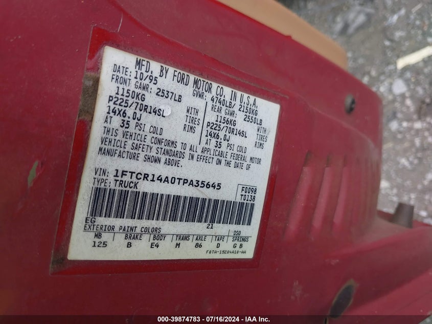 1996 Ford Ranger Super Cab VIN: 1FTCR14A0TPA35645 Lot: 39874783