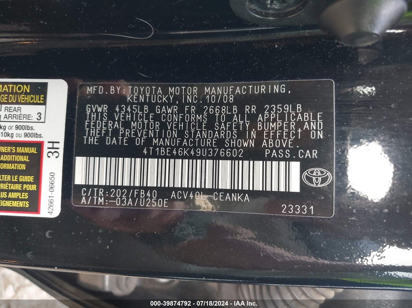 2009 Toyota Camry Le VIN: 4T1BE46K49U376602 Lot: 39874792