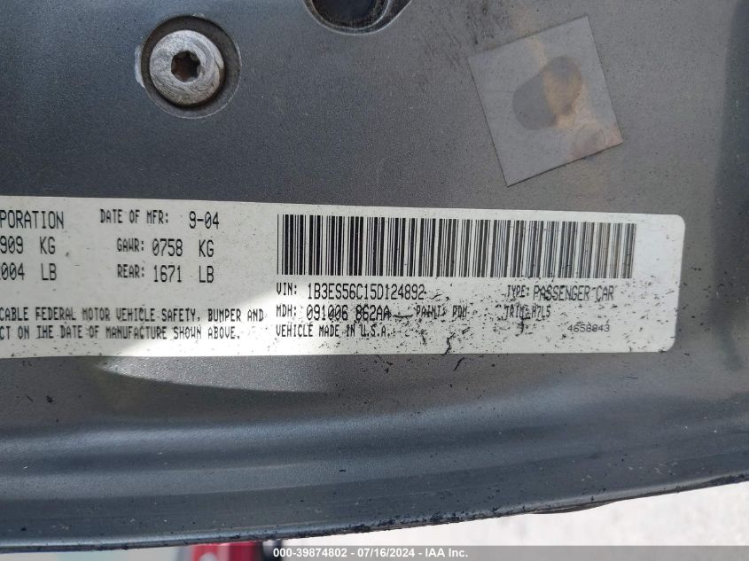 2005 Dodge Neon Sxt VIN: 1B3ES56C15D124892 Lot: 39874802