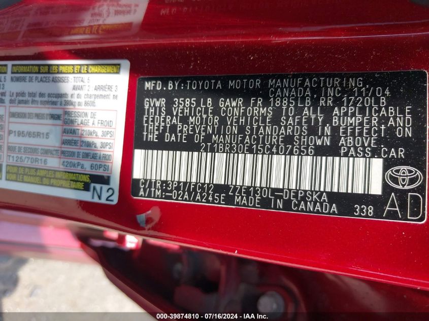 2005 Toyota Corolla S VIN: 2T1BR30E15C407656 Lot: 39874810