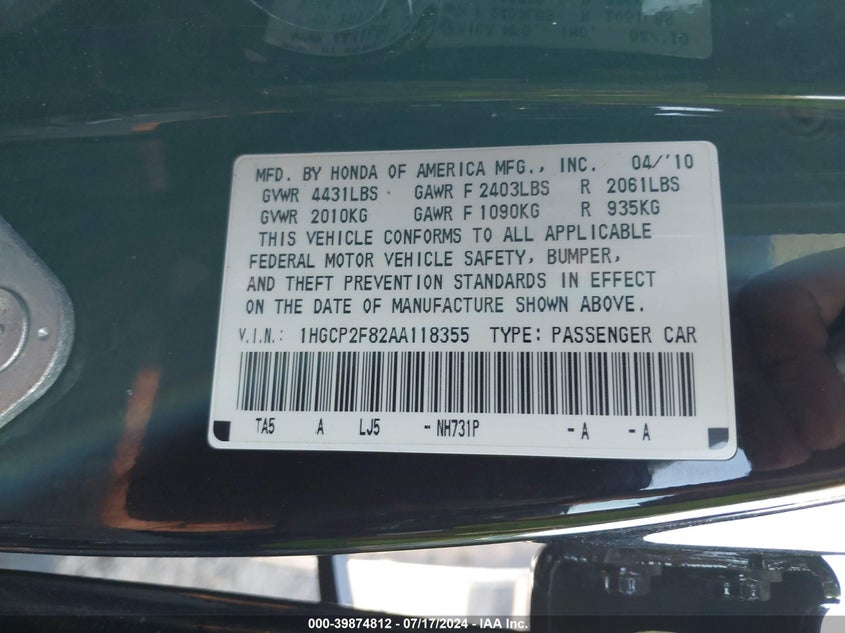 2010 Honda Accord Sdn 2.4 Ex-L/Ex-L VIN: 1HGCP2F82AA118355 Lot: 39874812