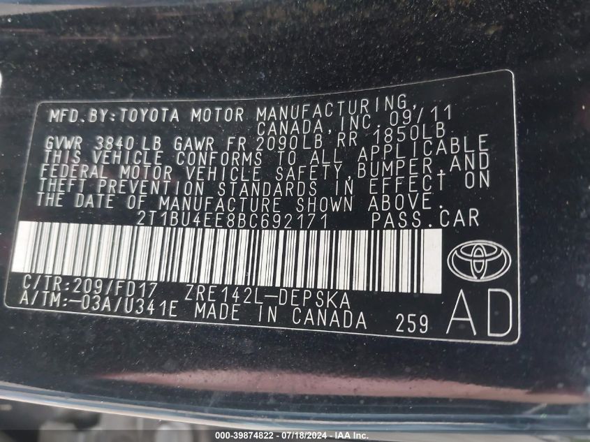 2011 Toyota Corolla S VIN: 2T1BU4EE8BC692171 Lot: 39874822
