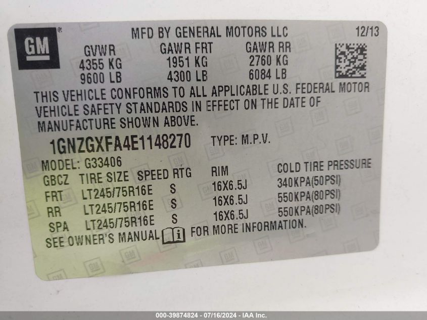 2014 Chevrolet Express 3500 Ls VIN: 1GNZGXFA4E1148270 Lot: 39874824