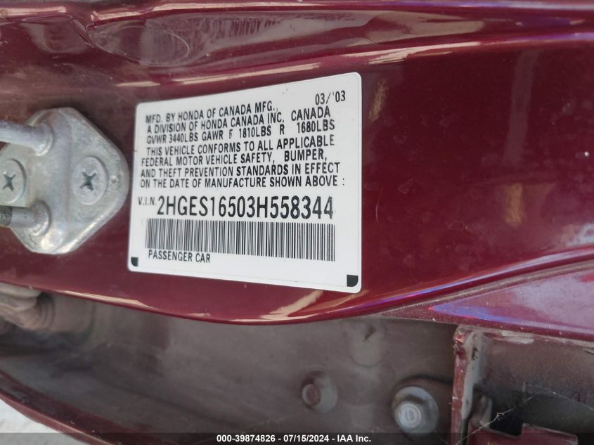 2003 Honda Civic Lx VIN: 2HGES16503H558344 Lot: 39874826