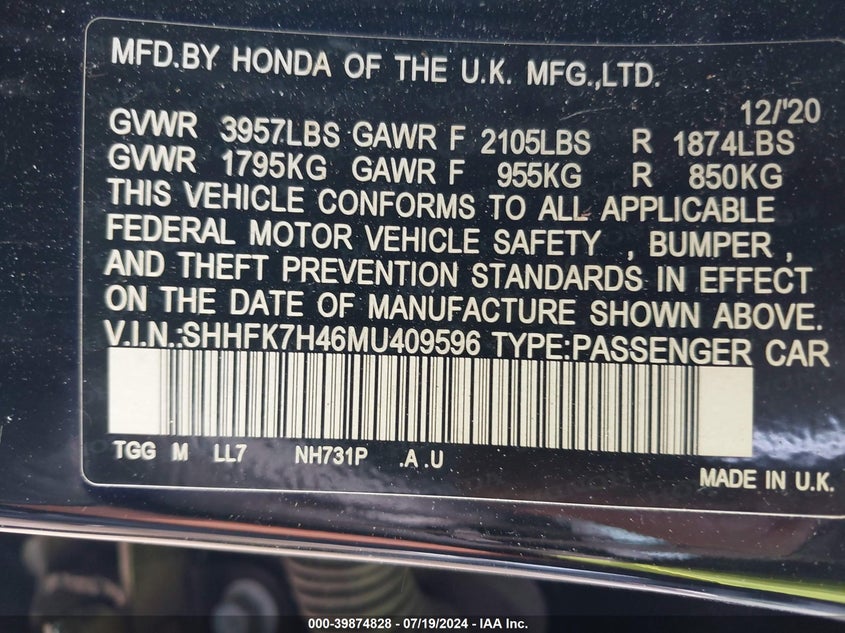 2021 HONDA CIVIC 1.5L I-4 DI, DOHC, V(VIN: SHHFK7H46MU409596