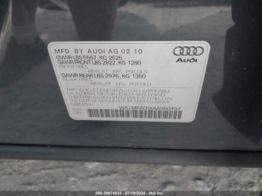 2010 Audi Q5 Premium Plus VIN: WA1MKAFPXAA080497 Lot: 39874833