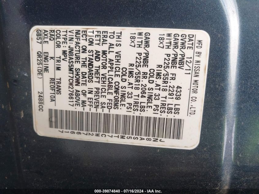 2012 Nissan Rogue Sv W/Sl Pkg VIN: JN8AS5MT7CW276617 Lot: 39874840