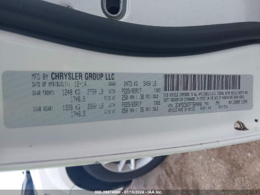 2015 Dodge Journey Sxt VIN: 3C4PDCBG7FT604946 Lot: 39874860