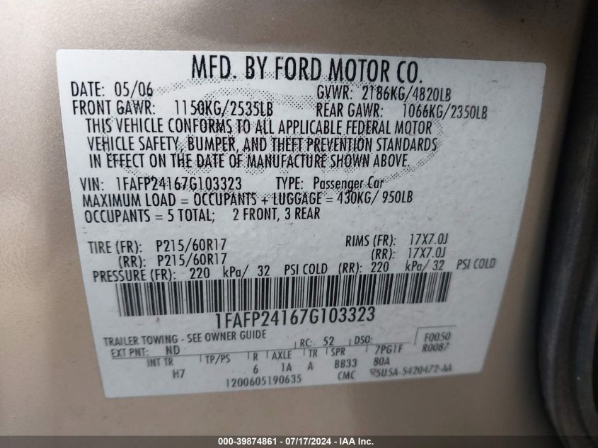 2007 Ford Five Hundred Sel VIN: 1FAFP24167G103323 Lot: 39874861