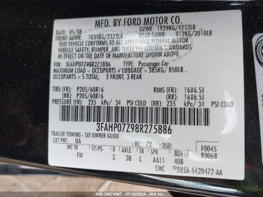 2008 Ford Fusion Se VIN: 3FAHP07Z98R275886 Lot: 39874867