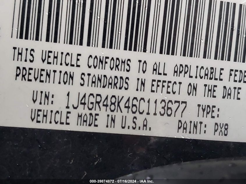 2006 Jeep Grand Cherokee Laredo VIN: 1J4GR48K46C113677 Lot: 39874872