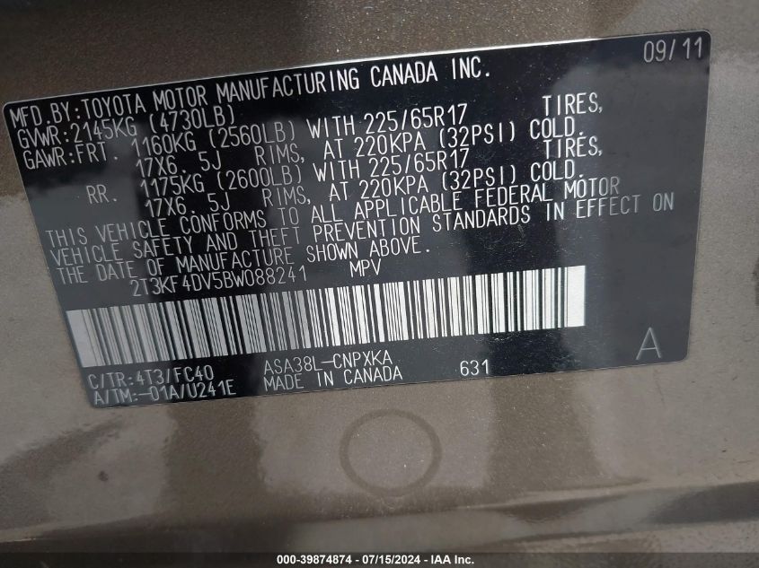 2011 Toyota Rav4 VIN: 2T3KF4DV5BW088241 Lot: 39874874