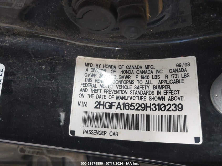 2009 Honda Civic Lx VIN: 2HGFA16529H310239 Lot: 39874880