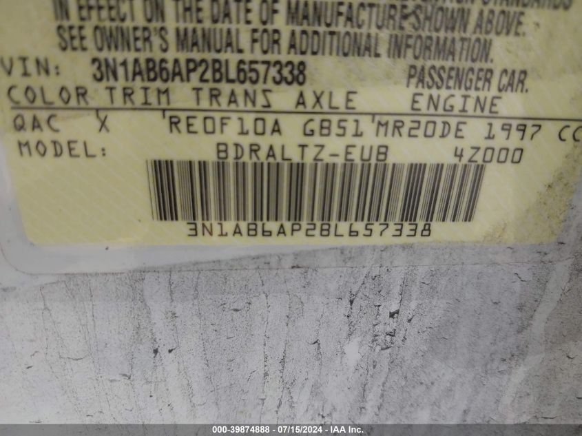 2011 Nissan Sentra 2.0Sr VIN: 3N1AB6AP2BL657338 Lot: 39874888