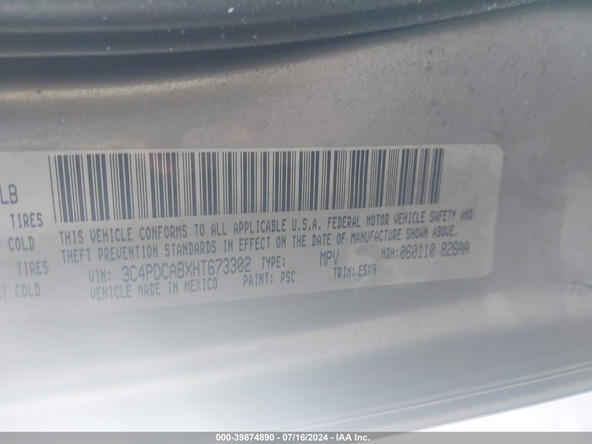 VIN 3C4PDCABXHT673302 2017 DODGE JOURNEY SE