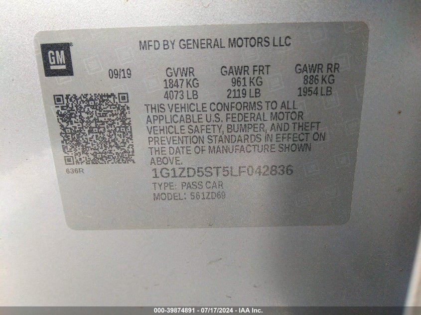 2020 Chevrolet Malibu Fwd Lt VIN: 1G1ZD5ST5LF042836 Lot: 39874891