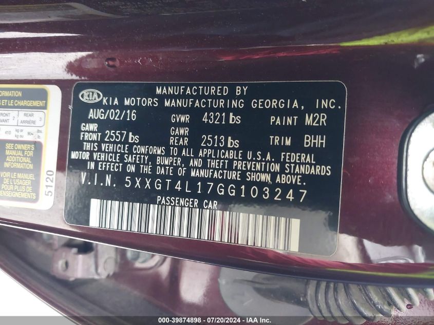 2016 Kia Optima Lx Turbo VIN: 5XXGT4L17GG103247 Lot: 39874898