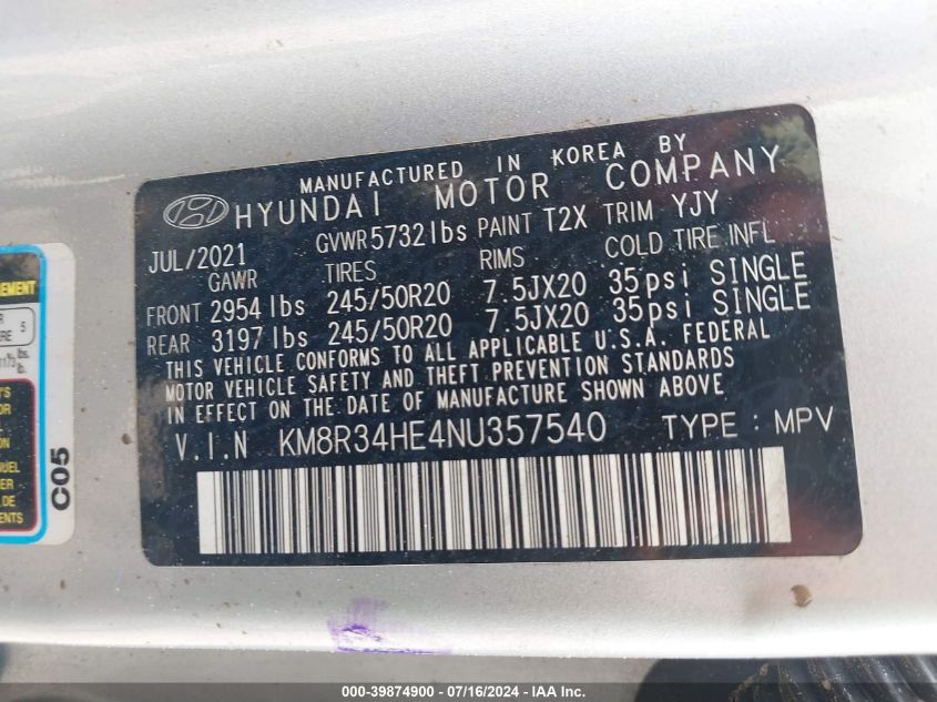 2022 Hyundai Palisade Sel VIN: KM8R34HE4NU357540 Lot: 39874900