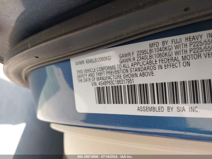 2008 Subaru Outback 2.5Xt Limited VIN: 4S4BP63C186317951 Lot: 39874906