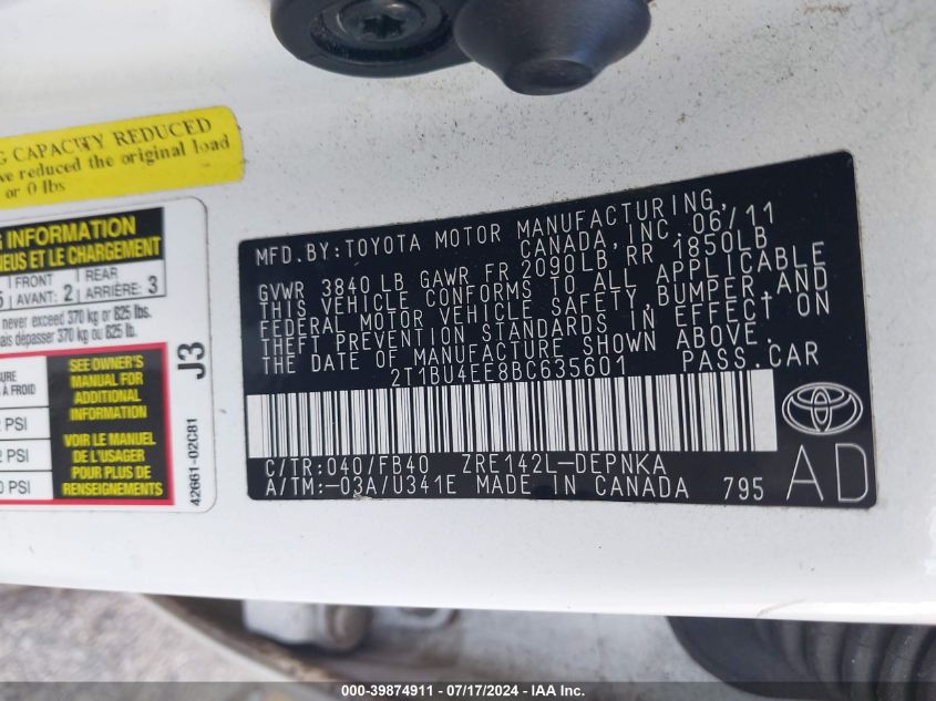 2011 Toyota Corolla S/Le VIN: 2T1BU4EE8BC635601 Lot: 39874911