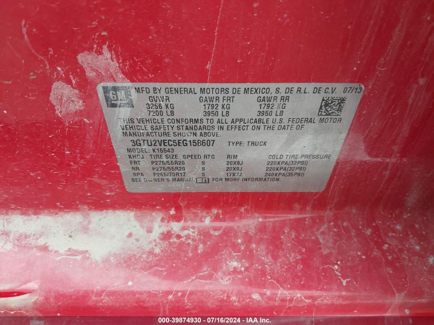 2014 GMC Sierra 1500 Slt VIN: 3GTU2VEC5EG158607 Lot: 39874930