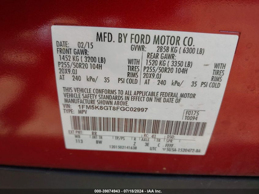 2015 Ford Explorer Sport VIN: 1FM5K8GT8FGC02997 Lot: 39874943