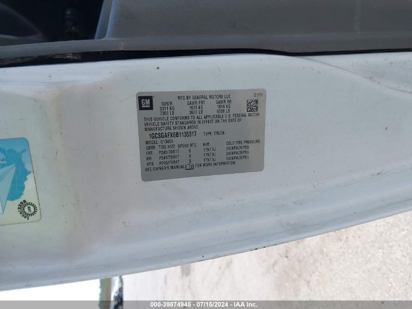 2011 Chevrolet Express 1500 Work Van VIN: 1GCSGAFX6B1135317 Lot: 39874945