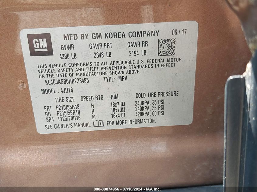 2017 Buick Encore Preferred VIN: KL4CJASB6HB233485 Lot: 39874956