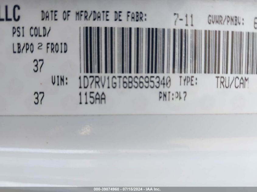 2011 Ram Ram 1500 Slt VIN: 1D7RV1GT6BS695340 Lot: 39874960