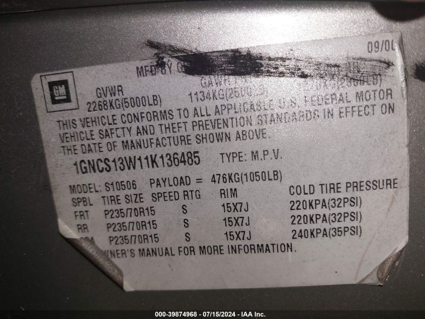 2001 Chevrolet Blazer Ls VIN: 1GNCS13W11K136485 Lot: 39874968