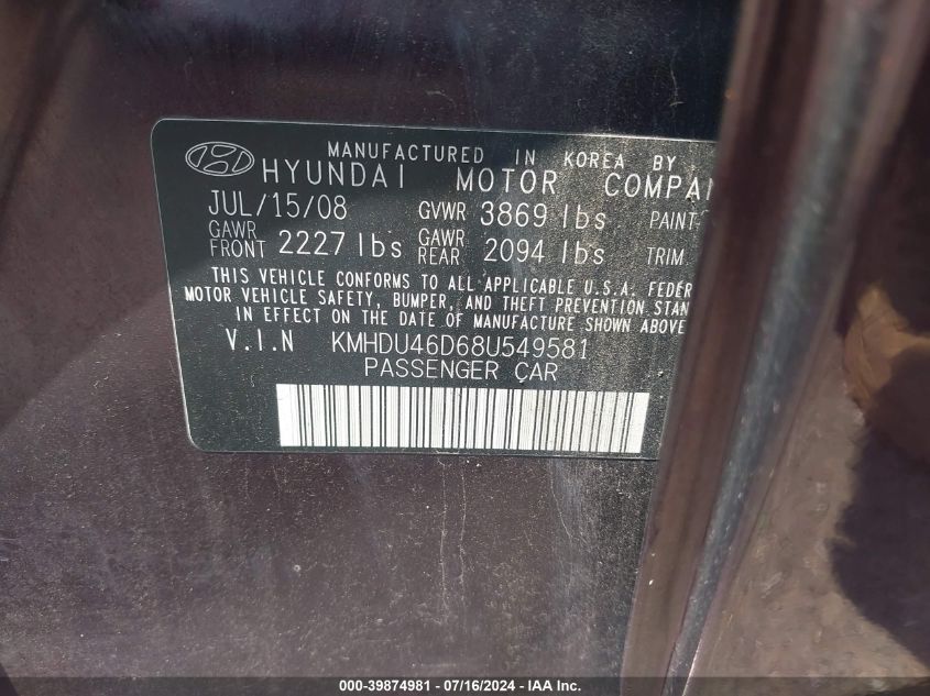 KMHDU46D68U549581 | 2008 HYUNDAI ELANTRA