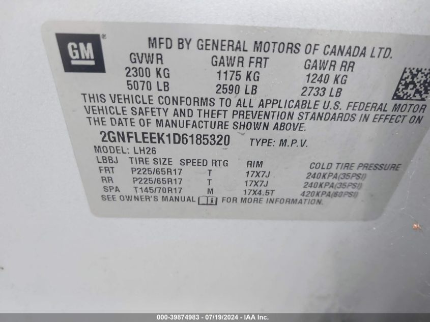 2013 Chevrolet Equinox 1Lt VIN: 2GNFLEEK1D6185320 Lot: 39874983