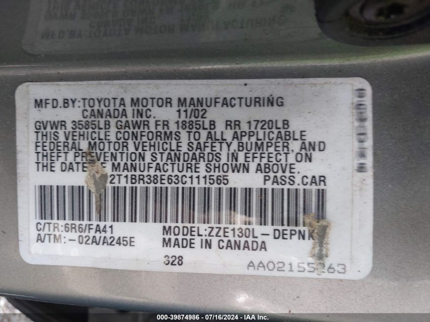 2003 Toyota Corolla Le VIN: 2T1BR38E63C111565 Lot: 39874986