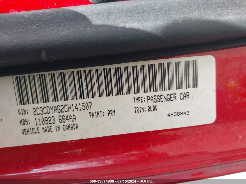 2012 Dodge Challenger Sxt VIN: 2C3CDYAG2CH141507 Lot: 39874990