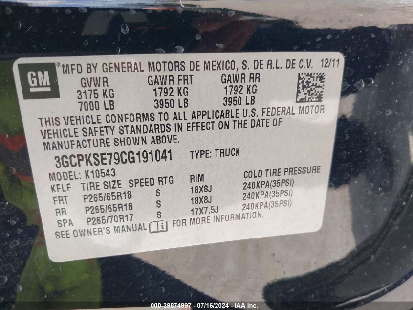 2012 Chevrolet Silverado 1500 Lt VIN: 3GCPKSE79CG191041 Lot: 39874997