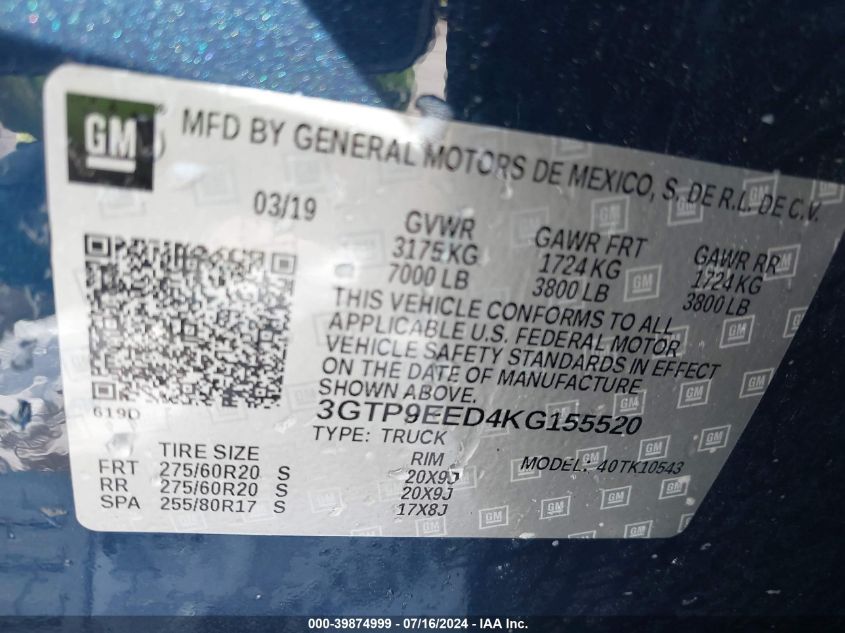 2019 GMC Sierra 1500 At4 VIN: 3GTP9EED4KG155520 Lot: 39874999
