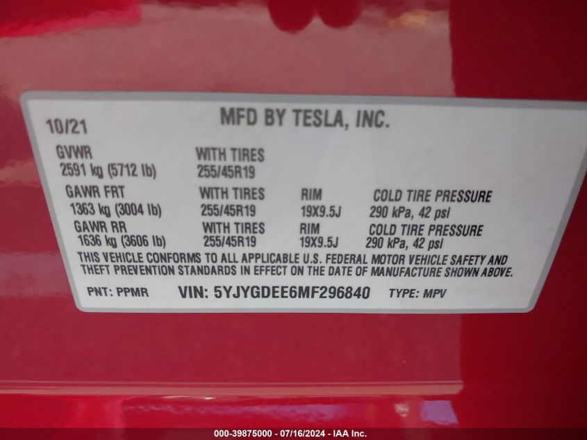 2021 Tesla Model Y Long Range Dual Motor All-Wheel Drive VIN: 5YJYGDEE6MF296840 Lot: 39875000