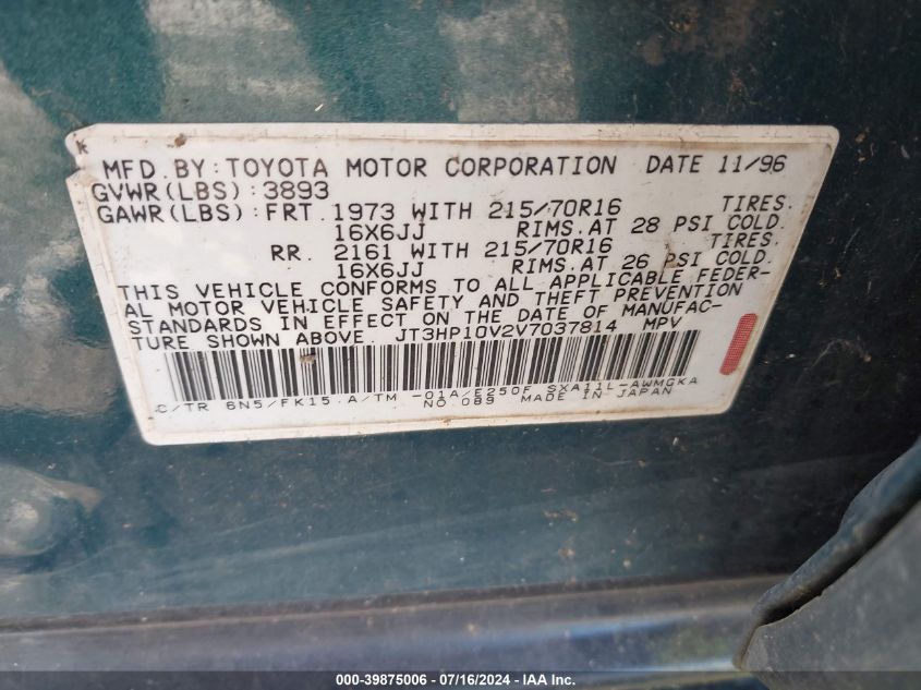 1997 Toyota Rav4 VIN: JT3HP10V2V7037814 Lot: 39875006
