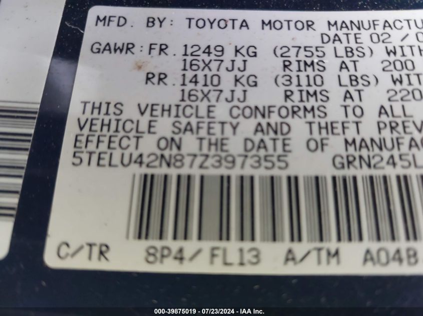 2007 Toyota Tacoma Double Cab VIN: 5TELU42N87Z397355 Lot: 39875019