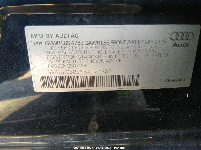 2005 Audi A4 1.8T Special Edition VIN: WAULC68EX5A122385 Lot: 39875027