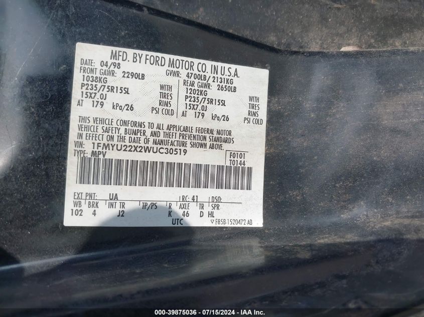 1998 Ford Explorer Sport VIN: 1FMYU22X2WUC30519 Lot: 39875036