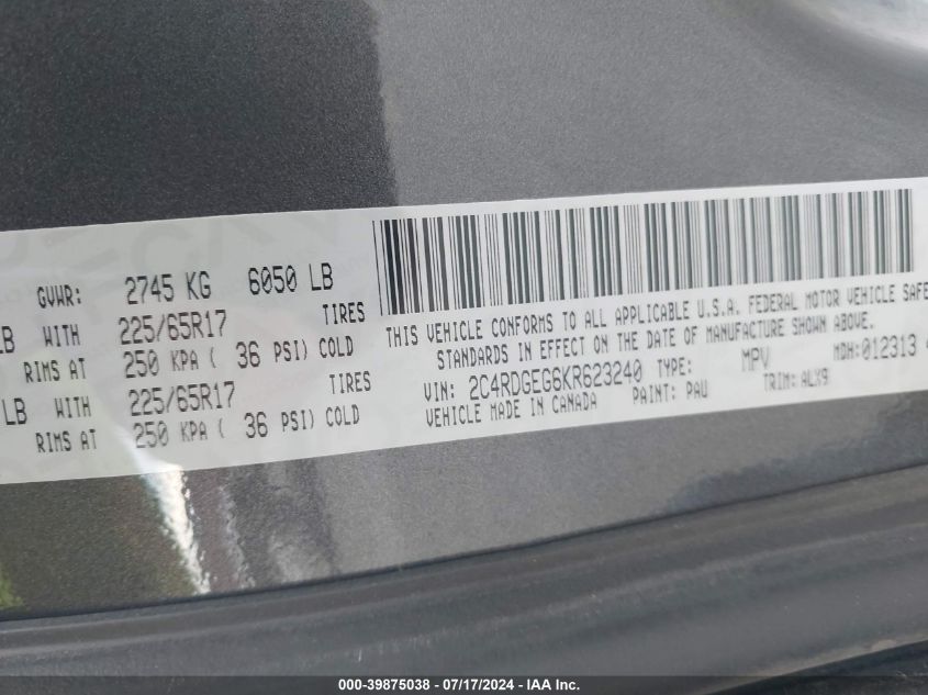 2019 Dodge Grand Caravan Gt VIN: 2C4RDGEG6KR623240 Lot: 39875038