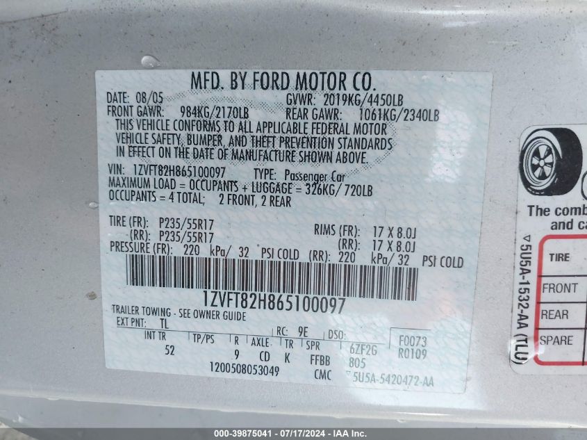 2006 Ford Mustang Gt VIN: 1ZVFT82H865100097 Lot: 39875041