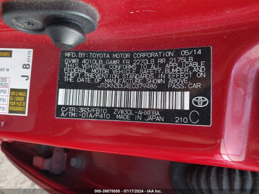 2014 Toyota Prius VIN: JTDKN3DU4E0379486 Lot: 39875050