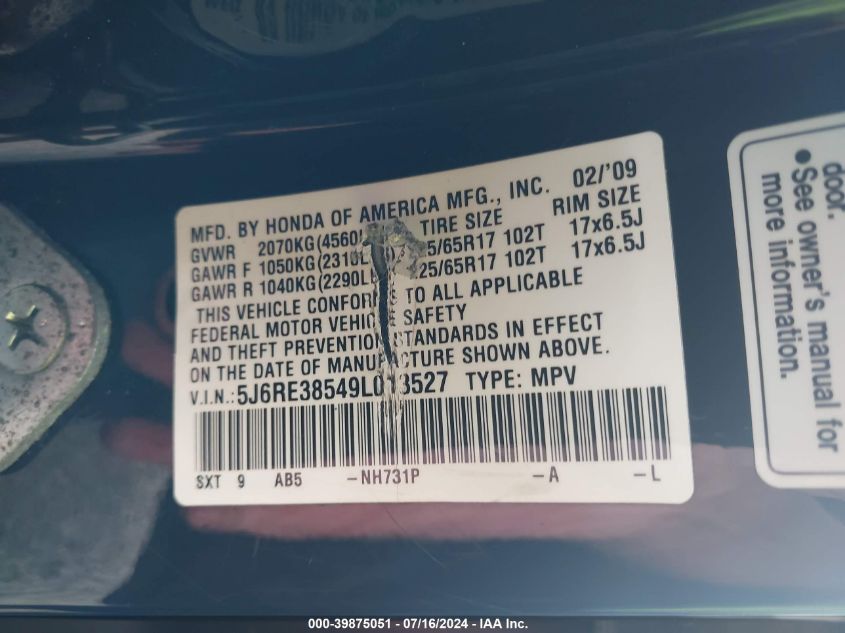 2009 Honda Cr-V Ex VIN: 5J6RE38549L013527 Lot: 39875051