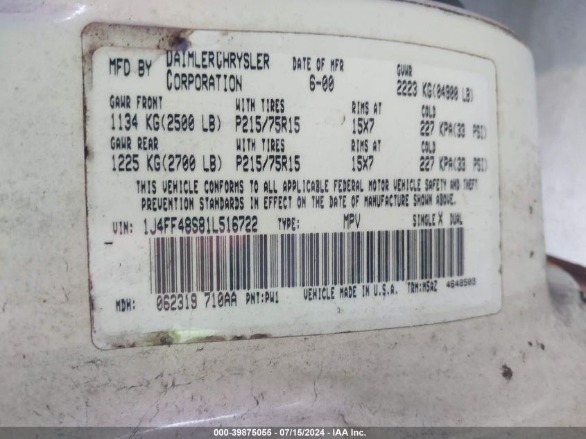 2001 Jeep Cherokee Sport VIN: X1J4FF48S81L51672 Lot: 39875055