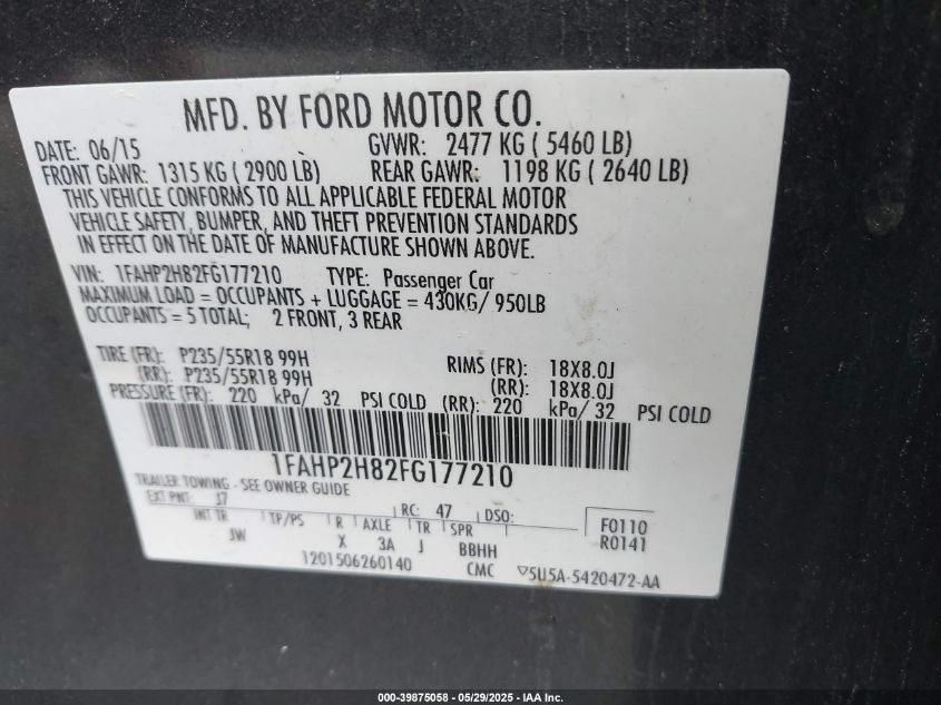 2015 Ford Taurus Sel VIN: 1FAHP2H82FG177210 Lot: 39875058