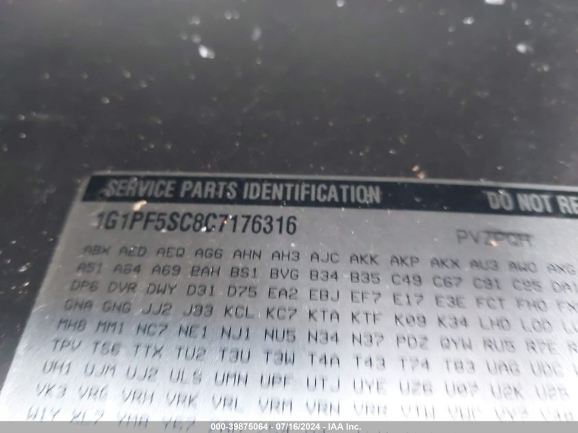 2012 Chevrolet Cruze Lt VIN: 1G1PF5SC8C7176316 Lot: 39875064
