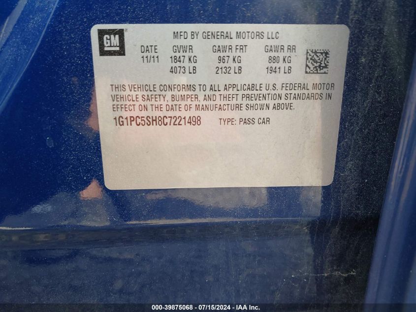 2012 Chevrolet Cruze Ls VIN: 1G1PC5SH8C7221498 Lot: 39875068