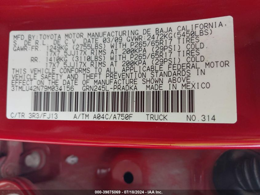 2009 Toyota Tacoma Base V6 VIN: 3TMLU42N79M034156 Lot: 39875069